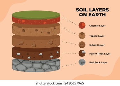 Bodenschicht-Infografiken, Erdtextur-Horizont, Geologie-Bodenschicht und Bodenstrukturdiagramm mit organischer, oberer Erde, Untergrund, Muttergestein und Bettgesteinsschicht, Vektorgrafik.