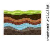 soil layer infographics, subsoil land and underground, vector cross section, geology soil layer and ground structure diagram with organic topsoil, underground water and brown soil layer