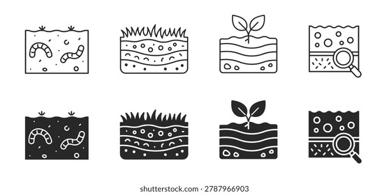 Soil layer line editable icon set with geology agriculture ground profile and earth analysis symbols