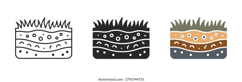 Soil layer line editable icon set with ground geology agriculture and earth cross section symbols