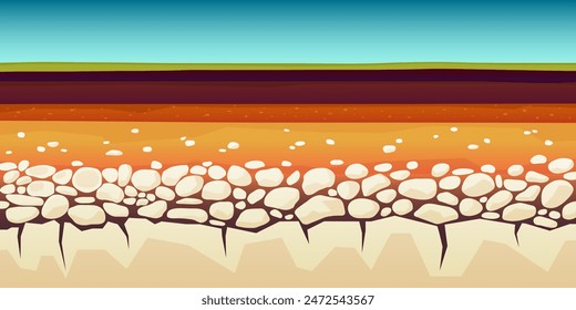 Soil layers concept. Horizontal Earth profile in cartoon style. Vector illustration.