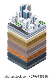 Soil Layers cross section geological  and underground soil layers beneath nature landscape isometric slice of the land's extended organic, sand, clay layers of urban environment