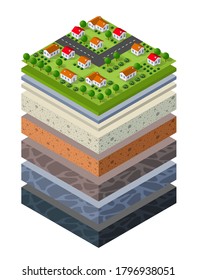 Bodenschichten durchkreuzen geologisches Grüngras und unterirdische Bodenschichten unter der Naturlandschaft isometrischer Teil des ausgedehnten organischen, Sandes, Lehmschichten der städtischen Umwelt