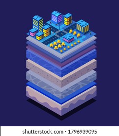 Soil Layers cross section geological and underground soil layers beneath nature landscape isometric slice of the land's extended organic, sand, clay layers of urban environment