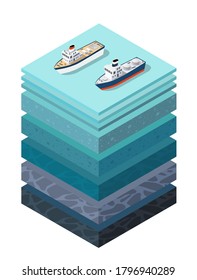 Soil Layers cross section geological and underground soil layers beneath nature landscape isometric slice of the land's extended organic, sand, clay layers under sea surface ship