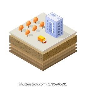 Bodenschichten durchkreuzen geologische und unterirdische Schichten unter der Naturlandschaft isometrische Teile des ausgedehnten organischen, Sandes, Lehmschichten der städtischen Umwelt.