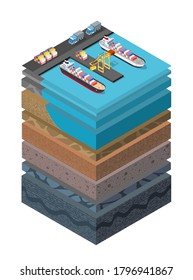 Soil Layers cross section geological and underground soil layers beneath nature landscape isometric slice of the land's extended organic, sand, clay layers under sea surface ship harbor