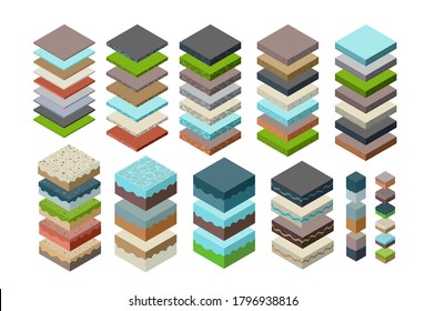 Soil Layers cross section set geological green grass and underground soil layers beneath nature landscape isometric slice of the land's extended organic, sand, clay layers of urban environment