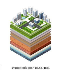 Bodenschichten kreuzen geologische und unterirdische Schichten unter Naturlandschaften, isometrische Teile des Landes, ausgedehnt biologisch, Sand, Lehmschichten der städtischen Umwelt