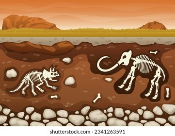 Soil Layers With Dinosaur Fossil Paleontology Excavations Cartoon Vector, Seamless horizontal