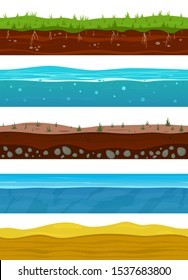 Soil layers. Game ground surfaces with land grass, dried desert sand, water and ice. Landscape levels seamless vector nature grounded set