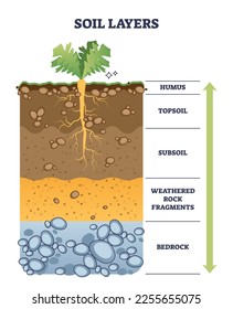 Soil layers with geological ground structure and materials outline diagram. Labeled educational scheme with land cross section vector illustration. Humus, topsoil, subsoil, rock fragments and bedrock