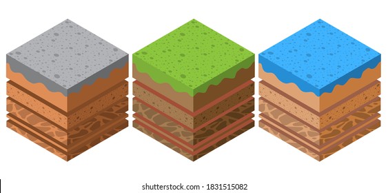 Soil layers geological set and underground beneath nature landscape isometric slice