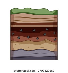 El perfil de capas del suelo muestra una disposición Horizontal distinta de diferentes zonas de acumulación orgánica y mineral con diferentes colores y composiciones, que representan la estructura geocientífica de la tierra