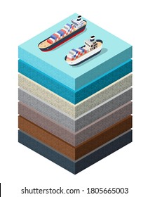 Soil Layers sea surface ship cross section geological and underground soil layers beneath nature landscape isometric slice of the land's extended organic, sand, clay layers