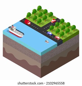 Soil Layers sea surface ship cross-section geological and underground beneath nature landscape isometric slice of the land's extended organic, sand, clay