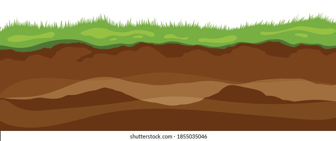 Soil layers. Surface horizons upper layer of earth structure with mixture of organic matter, minerals. Dirt and underground clay layer under green grass