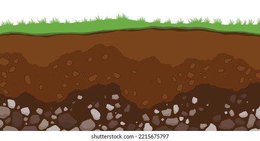 Soil layers. Surface horizons upper layer of earth structure with mixture of organic matter, minerals. Dirt and underground clay layer under green grass