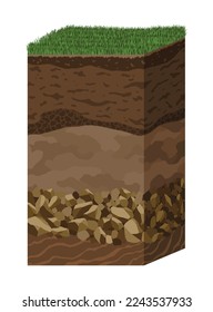 Soil layers. Surface horizons upper layer of earth structure with mixture of organic matter, minerals and stones. Dirt and underground clay layer under green grass