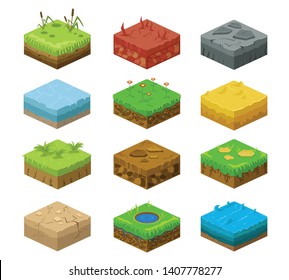 Soil layers vector isometric 3d set. Platforms set of different textures of soil. Game design ground tiles. Nature stone, ice, landscape isometric 3d style interface, rock, water layers. Vector image