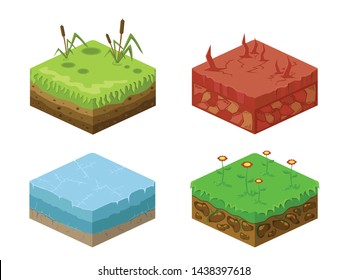 Soil layers vector isometric 3d set. Platforms set of different textures of soil. Game design ground tiles. Nature stone, ice, landscape isometric 3d style interface, rock, water layers. Vector image