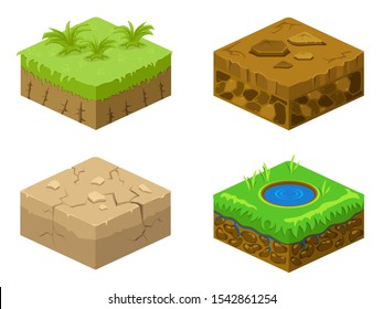 Soil layers vector isometric 3d set. Platforms set of different textures of soil. Game design ground tiles. Nature stone, ice, landscape isometric 3d style interface, rock, water layers. Vector image