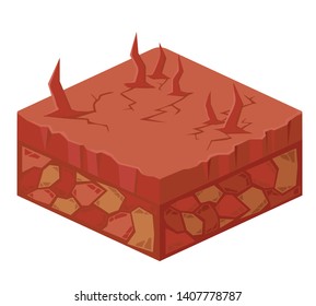 Soil layers vector isometric element. Platform of texture of soil. Game design ground 3d isometric tile. Nature landscape in 3d style interface. Dry clay. Vector image.