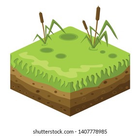 Soil layers vector isometric element. Platform of texture of soil. Game design ground 3d isometric tile. Nature landscape in 3d style interface. Grass, reed, ground, summer. Vector image.