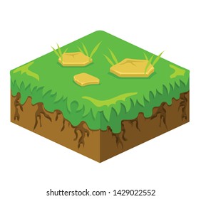 Soil layers vector isometric element. Platform of texture of soil. Game design ground 3d isometric tile. Nature landscape in 3d style interface. Grass, sand, ground. Vector image.