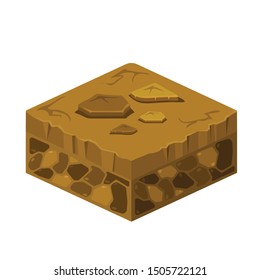 Soil layers vector isometric element. Platform of texture of soil. Game design ground 3d isometric tile. Nature landscape in 3d style interface. Ground, soil. Vector image.