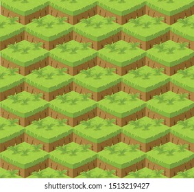 Soil layers vector isometric pattern. Platforms of different textures of soil. Game design ground tiles background. Nature landscape in isometric 3d. Green grass, flowers, ground, soil. Vector pattern