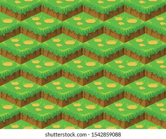 Soil layers vector isometric pattern. Platforms of different textures of soil. Game design ground tiles background. Nature landscape in isometric 3d. Green grass, flowers, ground, soil. Vector pattern