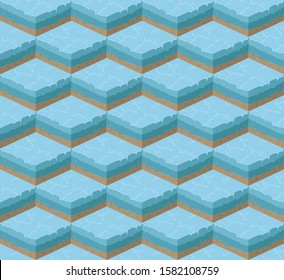 Soil layers vector isometric pattern. Platforms of different textures of soil. Game design ground tiles background. Nature landscape in isometric 3d. Ice, frozen water, river. Vector image pattern