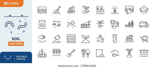Conjunto de iconos editable de línea de suelo. Contiene iconos relacionados con el suelo, la tierra, el campo, la agricultura y más. Ilustración vectorial