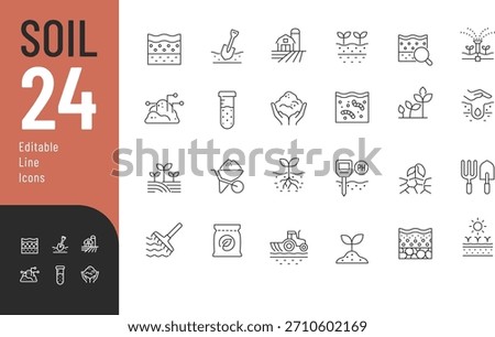 Soil Line Editable Icons set. Vector illustration in modern thin style of agriculture related icons: ground, farming, cultivation, and more. Isolated on transparent background.