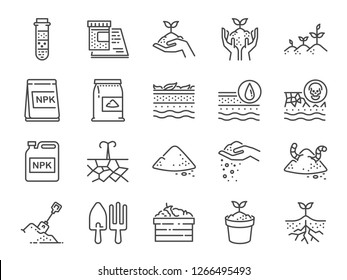 Soil line icon set. Included the icons as earth, compost, land, dirt, ground and more.