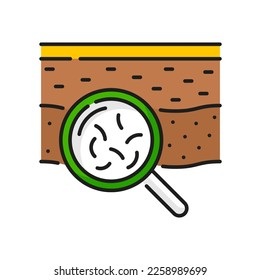 Soil microbes and bacteria research agriculture color line icon. Farming, gardening or agronomy outline vector sign with magnifying glass, microbes in soil. Agriculture ground research line symbol