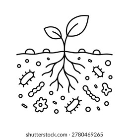 Soil microbiome icon with soil roots bacteria and microorganisms black and white vector