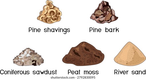 Soil mix ingredients and mulch components icons set