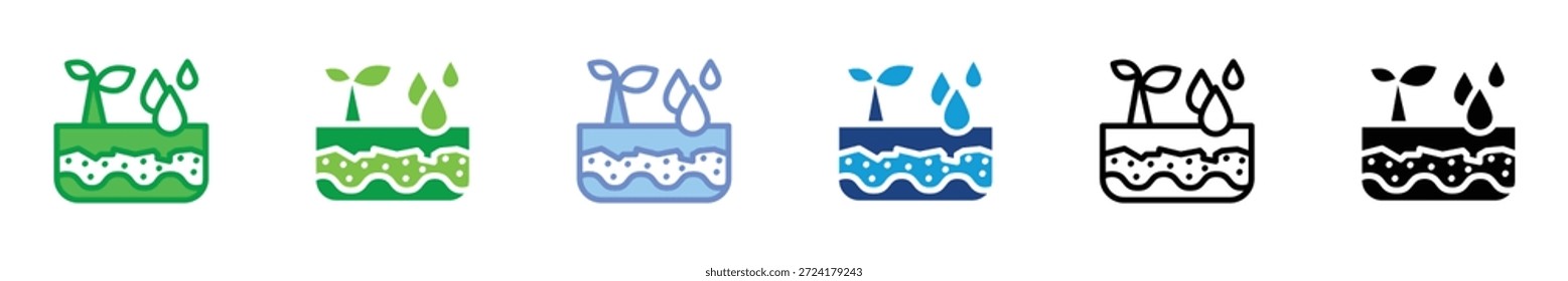 Conjunto de iconos de humedad del suelo: gota de agua y símbolo de crecimiento de plantas, irrigación agrícola e Ilustración vectorial de hidratación ambiental