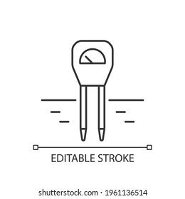 Soil moisture monitoring linear icon. Accurate measurement. Soil temperature sensor. Tensiometer. Thin line customizable illustration. Contour symbol. Vector isolated outline drawing. Editable stroke