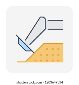 Soil nail wall construction, installation details vector icon with nail drilling rig, slope section. May called mse, shotcrete, concrete or retaining wall for geotechnical engieering. Editable stroke.