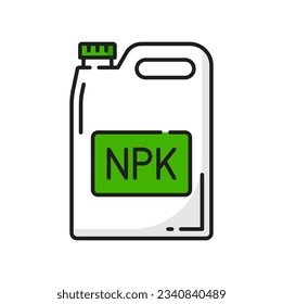 Soil NPK fertilizer agriculture color line icon. Soil and harvest fertilizing outline vector symbol with nitrogen, phosphorous and potassium canister. Farming or agronomy sign, thin line pictogram