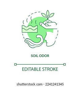 Soil odor green concept icon. Smells sweet and earthy. Healthy ground indicator abstract idea thin line illustration. Isolated outline drawing. Editable stroke. Arial, Myriad Pro-Bold fonts used