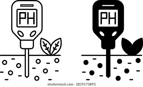 Soil pH Tester Icons. Line and Glyph Vector Illustrations. Device for Measuring Soil Acidity or Alkalinity. Agrotechnology and Smart Farming Concept