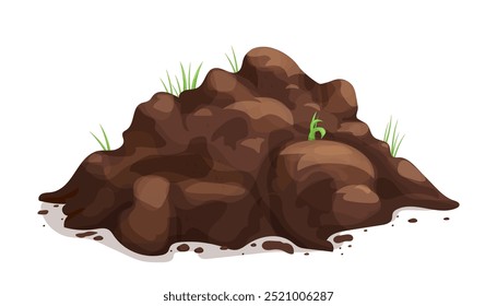 Soil pile, ground heap design element. Organic farming garden compost with grass, dirt. Spring Gardening. Brown mud or turf, clay. 