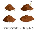 Soil piles with a shovel. Cartoon set of brown dirt heaps. Vector illustration isolated on a white background.