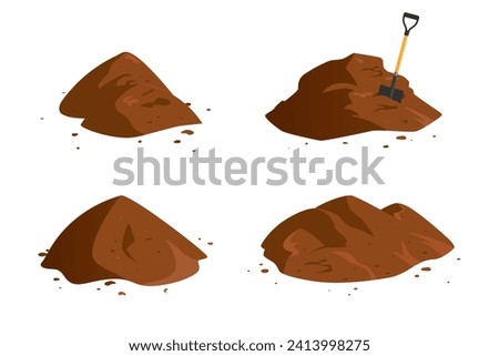 Soil piles with a shovel. Cartoon set of brown dirt heaps. Vector illustration isolated on a white background.