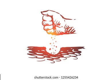 Soil, plant, nature, leaf, hand concept. Hand drawn human hand with soil concept sketch. Isolated vector illustration.