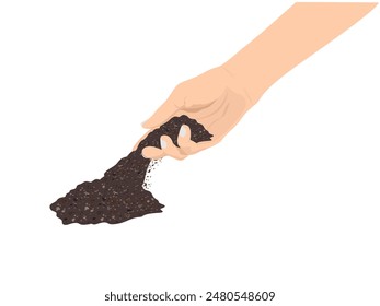 Soil for planting plants in the hands of a woman.